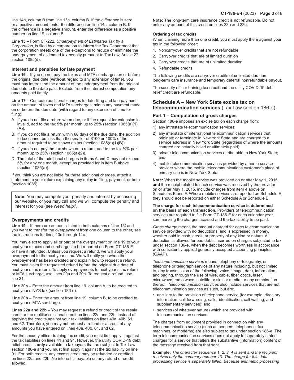 Instructions for Form CT-186-E Telecommunications Tax Return and Utility Services Tax Return - New York, Page 3