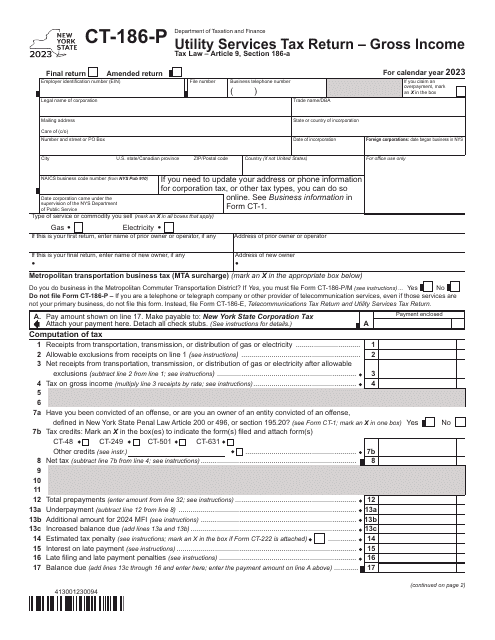 Form CT-186-P Utility Services Tax Return - Gross Income - New York, 2023