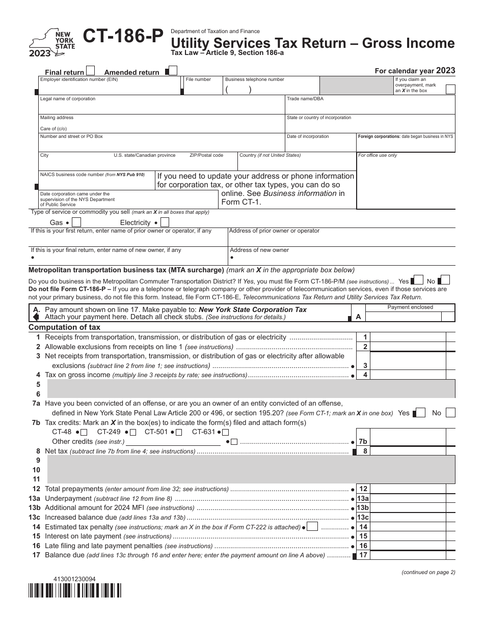 Form CT-186-P Utility Services Tax Return - Gross Income - New York, Page 1