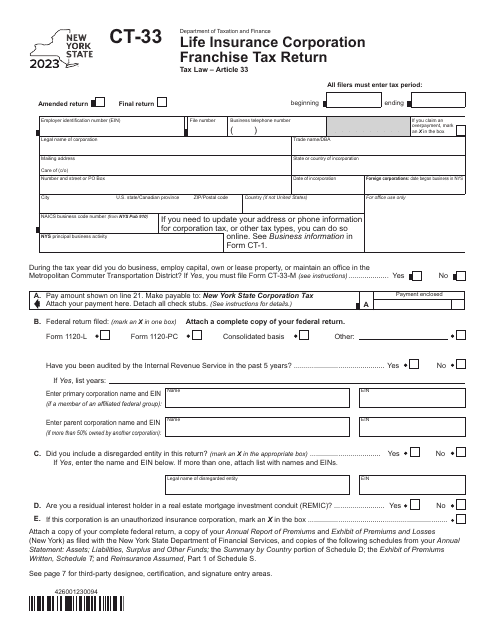 Form CT-33 Life Insurance Corporation Franchise Tax Return - New York, 2023