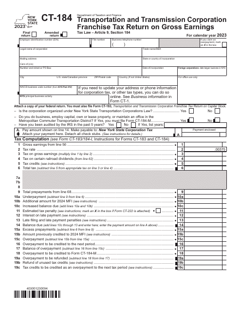 Form CT-184 Transportation and Transmission Corporation Franchise Tax Return on Gross Earnings - New York, 2023