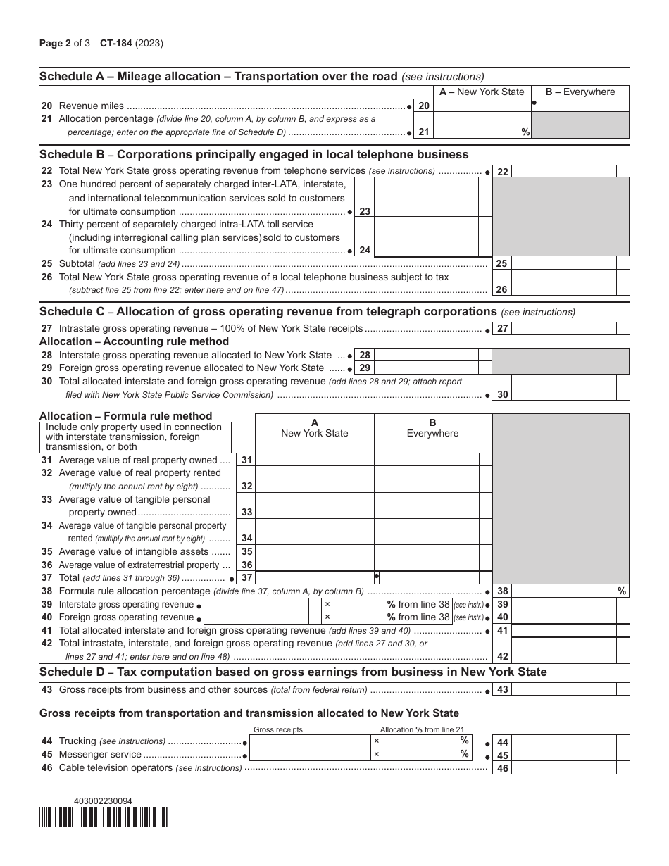 Form CT184 Download Fillable PDF or Fill Online Transportation and Transmission Corporation