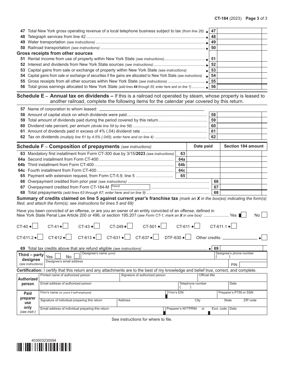 Form CT-184 Transportation and Transmission Corporation Franchise Tax Return on Gross Earnings - New York, Page 3