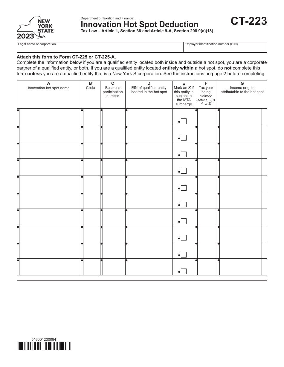 Form CT-223 Innovation Hot Spot Deduction - New York, Page 1