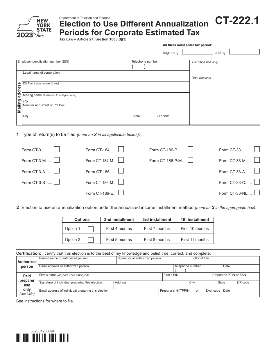 Form CT-222.1 Election to Use Different Annualization Periods for Corporate Estimated Tax - New York, Page 1