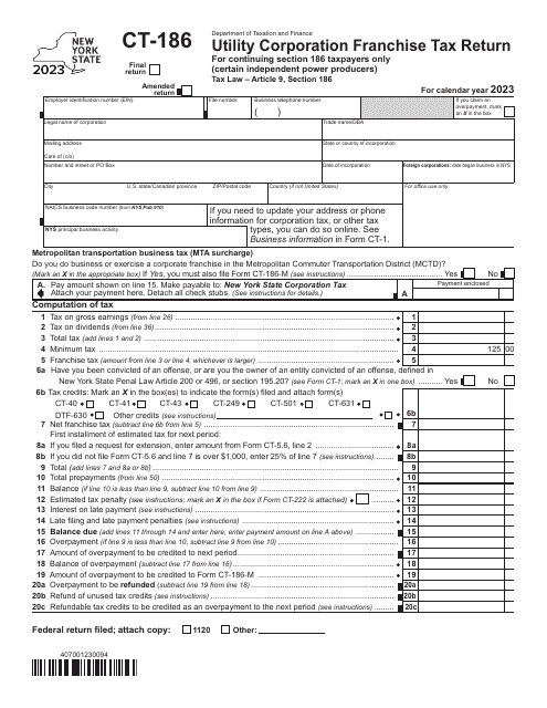 Form CT-186 Utility Corporation Franchise Tax Return for Continuing Section 186 Taxpayers Only (Certain Independent Power Producers) - New York, 2023