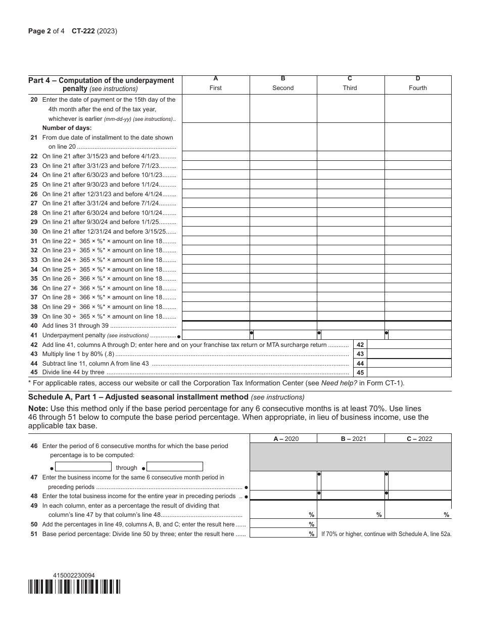 Form CT-222 Underpayment of Estimated Tax by a Corporation - New York, Page 2