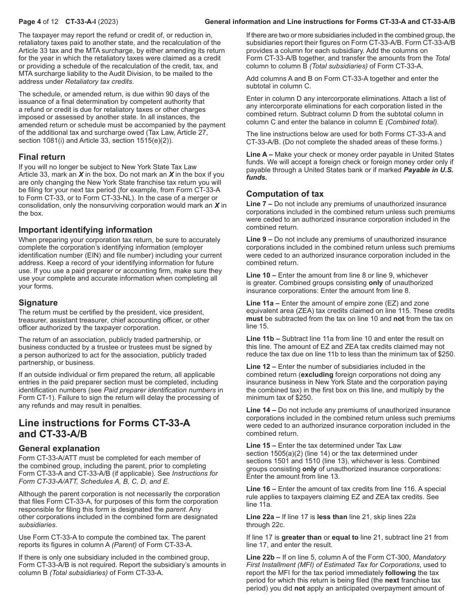 Instructions for Form CT-33-A, CT-33-A / ATT, CT-33-A / B - New York, Page 4