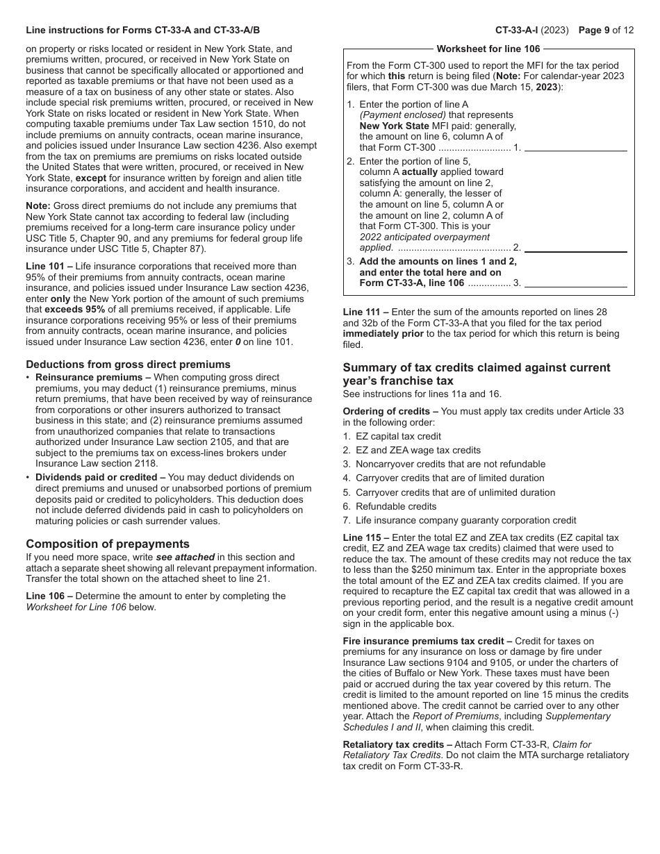 Instructions for Form CT-33-A, CT-33-A / ATT, CT-33-A / B - New York, Page 9