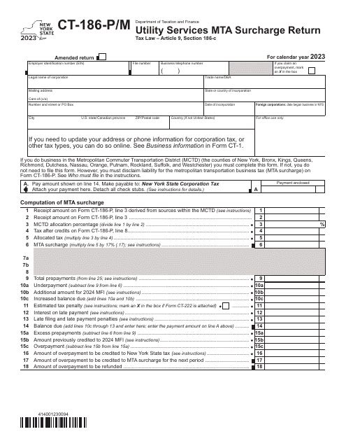 Form CT-186-P/M Utility Services Mta Surcharge Return - New York, 2023