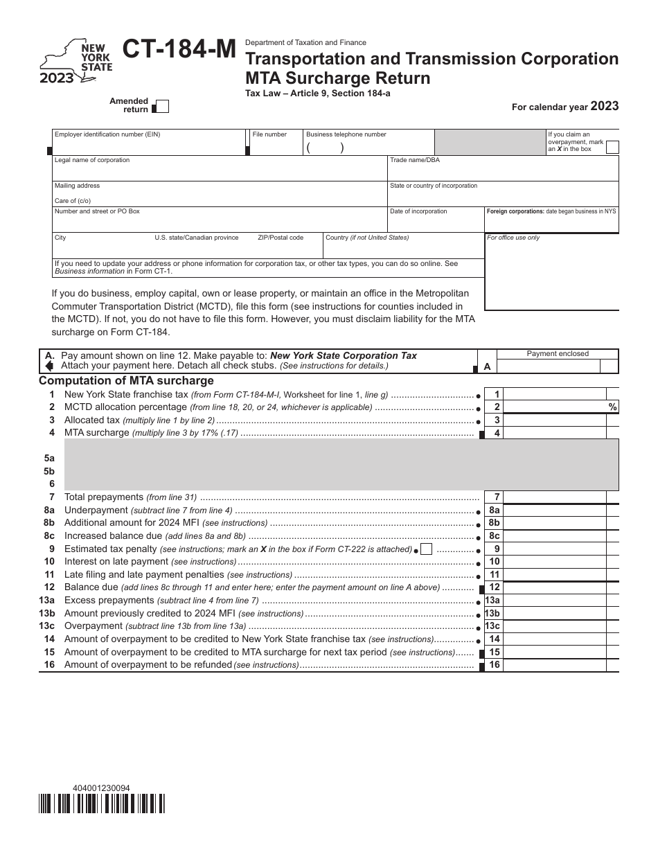 Form CT-184-M Transportation and Transmission Corporation Mta Surcharge Return - New York, Page 1