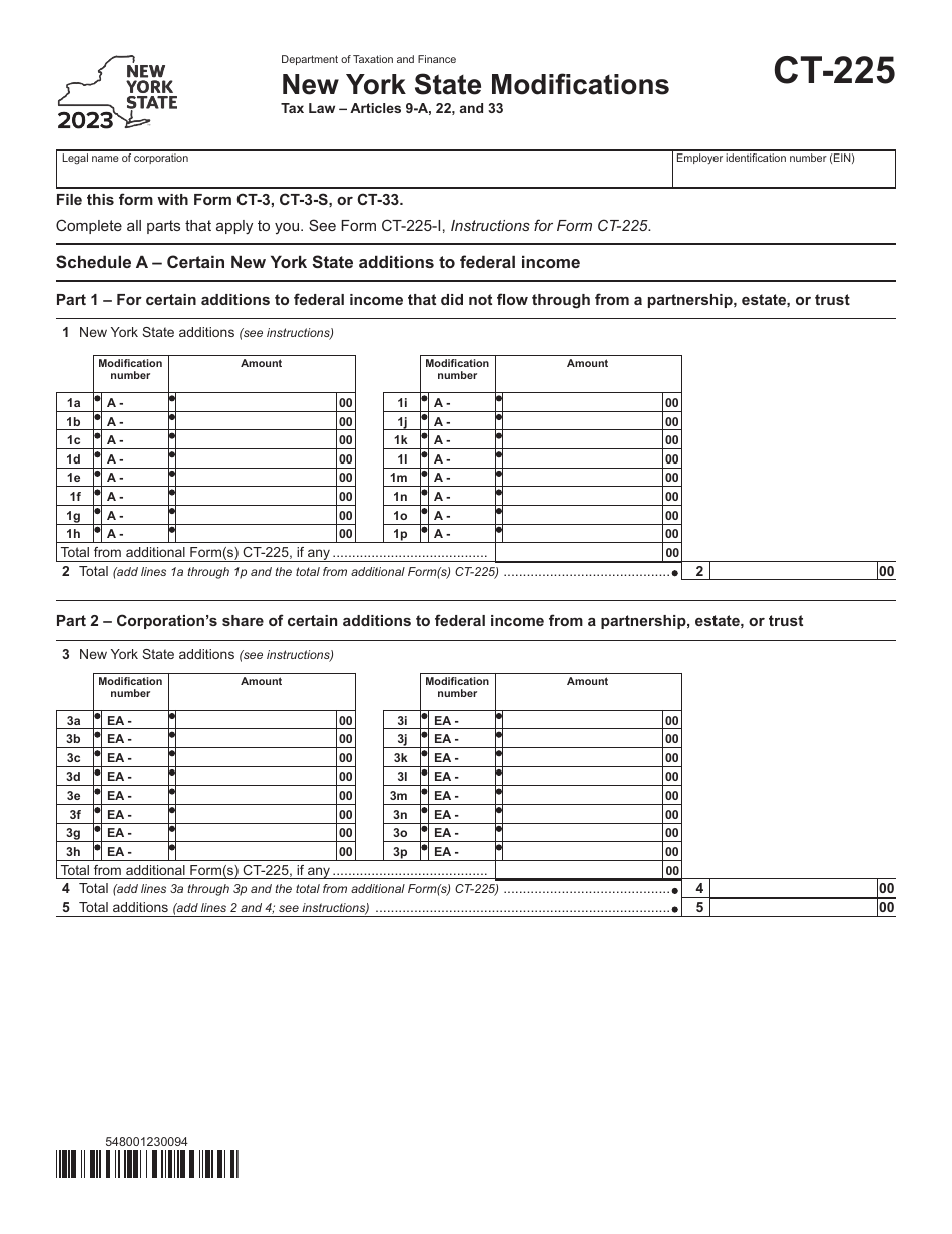 Form CT-225 New York State Modifications - New York, Page 1
