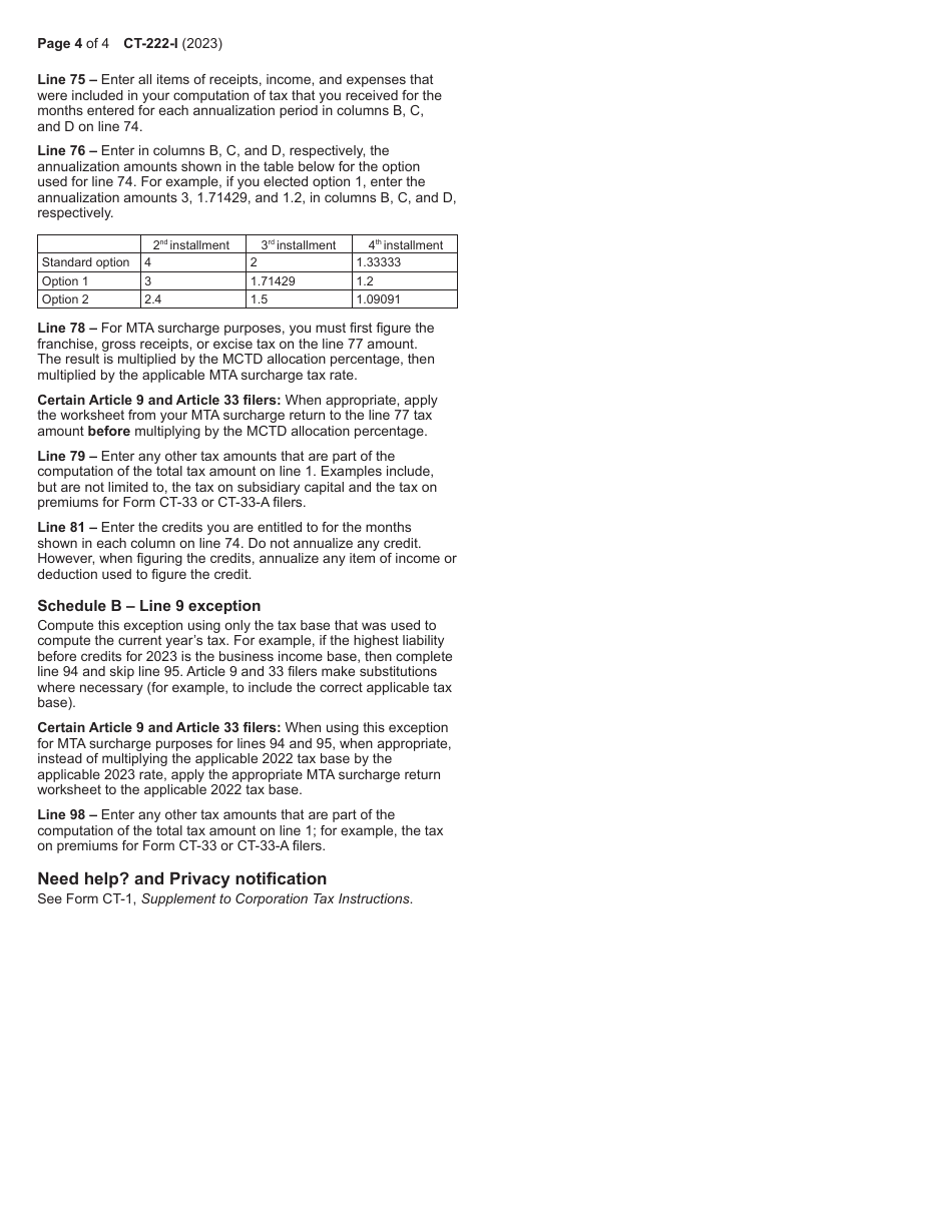 Instructions for Form CT-222 Underpayment of Estimated Tax by a Corporation - New York, Page 4