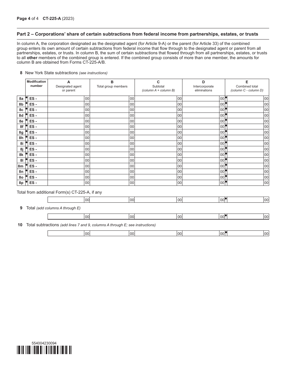 Form CT-225-A New York State Modifications (For Filers of Combined Franchise Tax Returns) - New York, Page 4