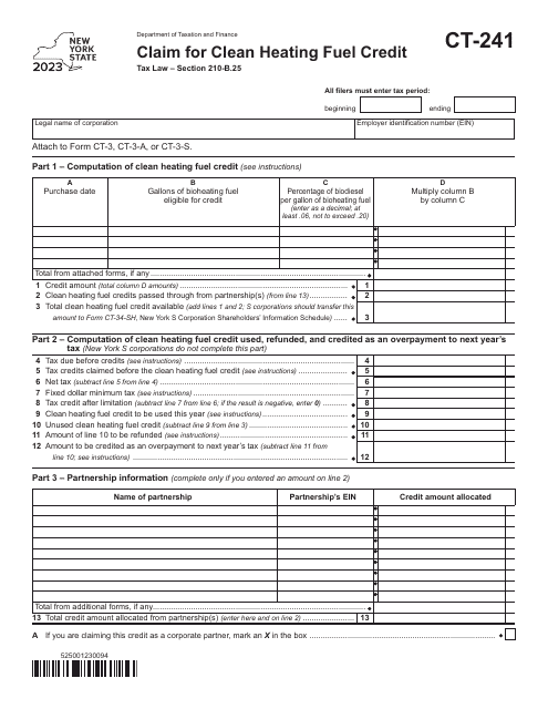 Form CT-241 Claim for Clean Heating Fuel Credit - New York, 2023