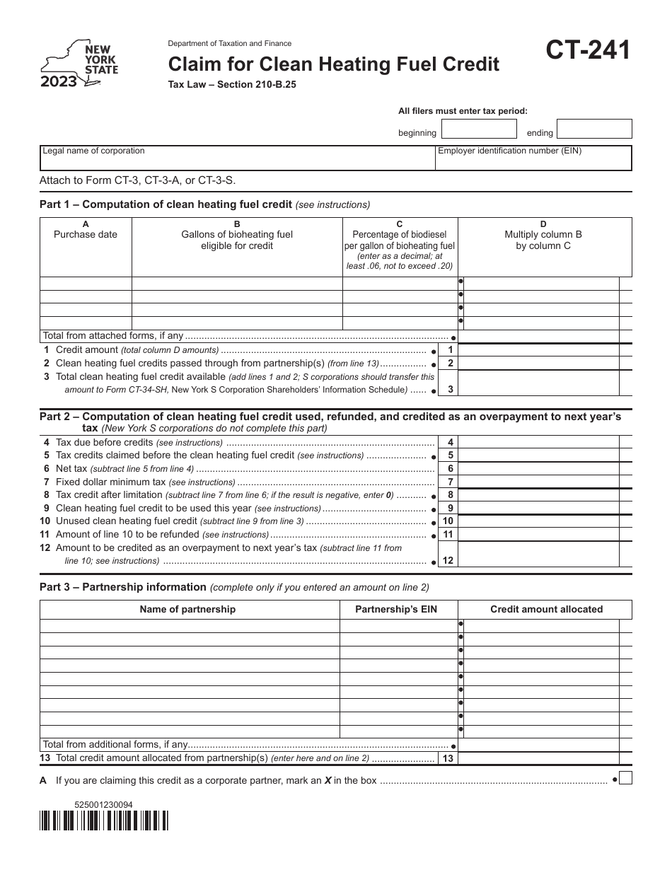 Form CT-241 Claim for Clean Heating Fuel Credit - New York, Page 1