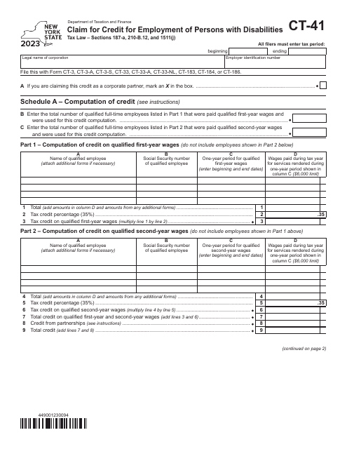 Form CT-41 Claim for Credit for Employment of Persons With Disabilities - New York, 2023
