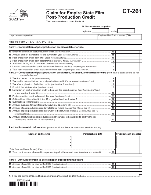 Form CT-261 Claim for Empire State Film Post-production Credit - New York, 2023