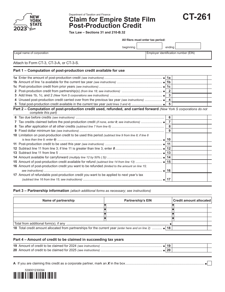 Form CT-261 Claim for Empire State Film Post-production Credit - New York, Page 1