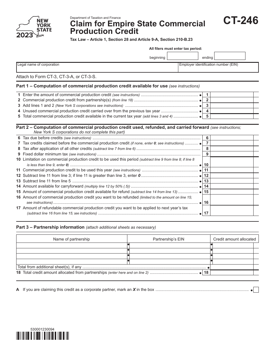 Form CT-246 Claim for Empire State Commercial Production Credit - New York, Page 1