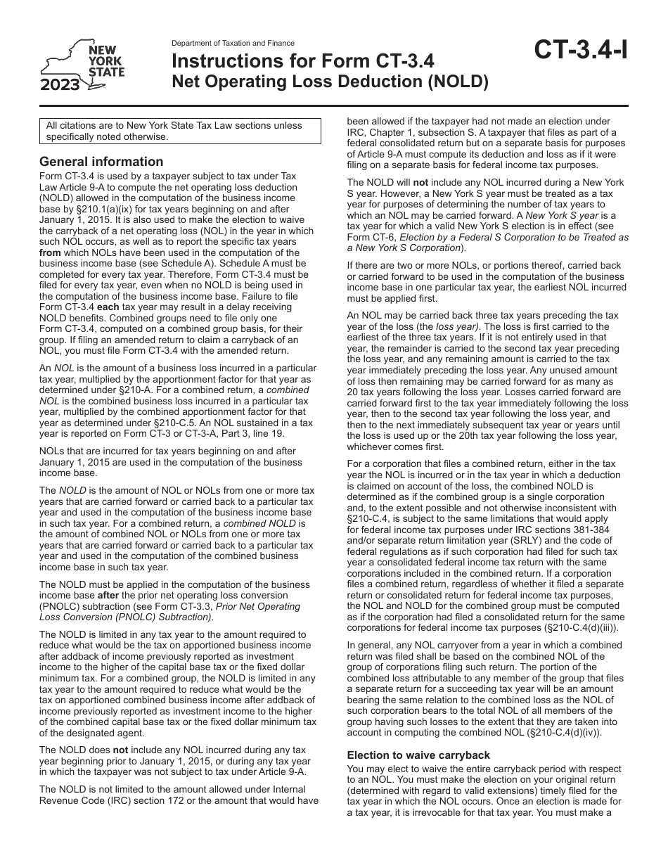 Instructions for Form CT-3.4 Net Operating Loss Deduction (Nold) - New York, Page 1