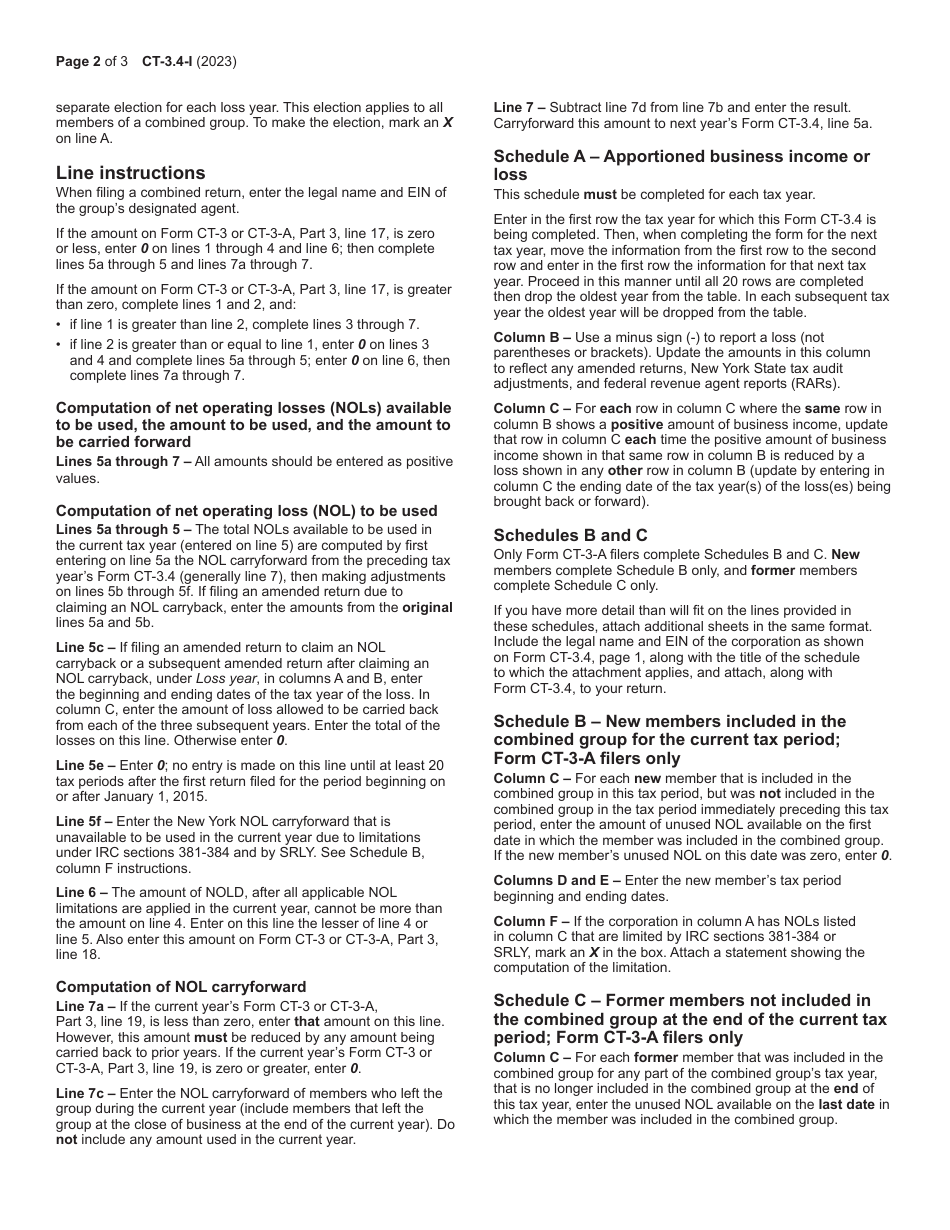 Instructions for Form CT-3.4 Net Operating Loss Deduction (Nold) - New York, Page 2