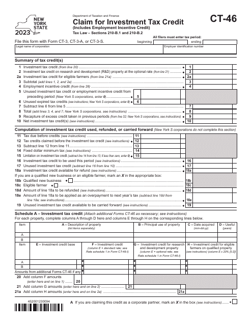 Form CT-46 Claim for Investment Tax Credit - New York, 2023