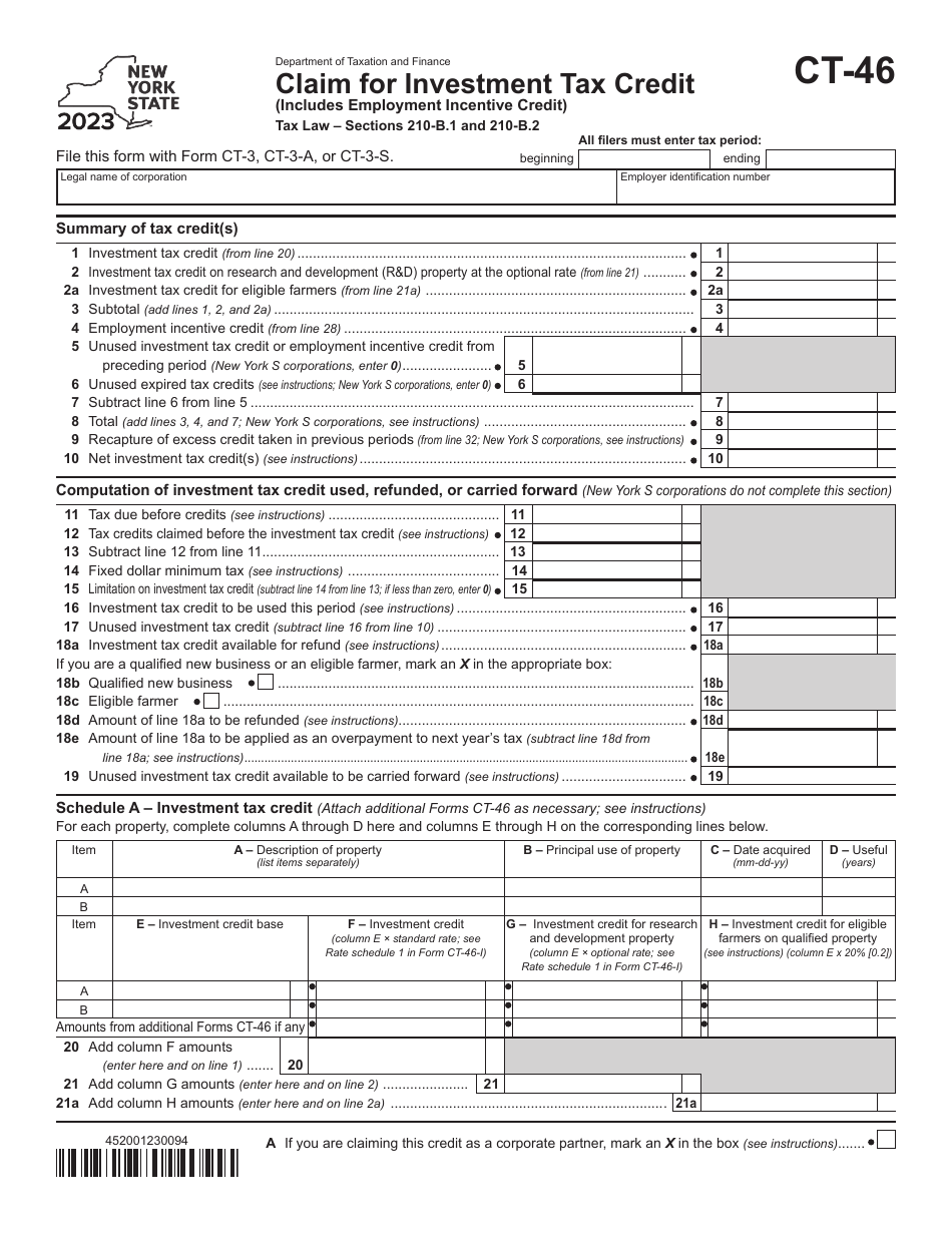 Form CT-46 Claim for Investment Tax Credit - New York, Page 1