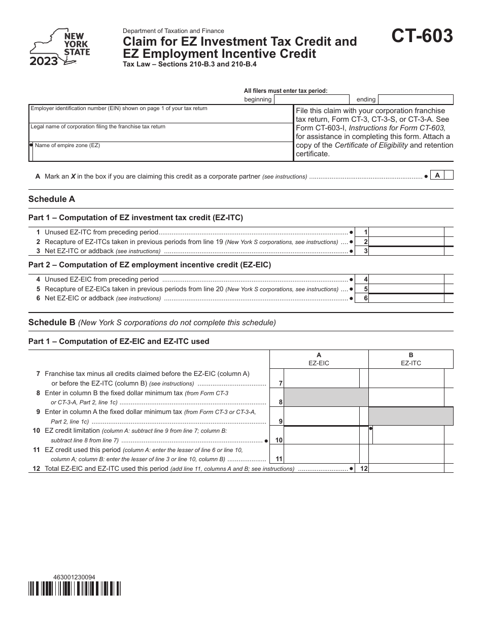 Form CT-603 Claim for Ez Investment Tax Credit and Ez Employment Incentive Credit - New York, Page 1