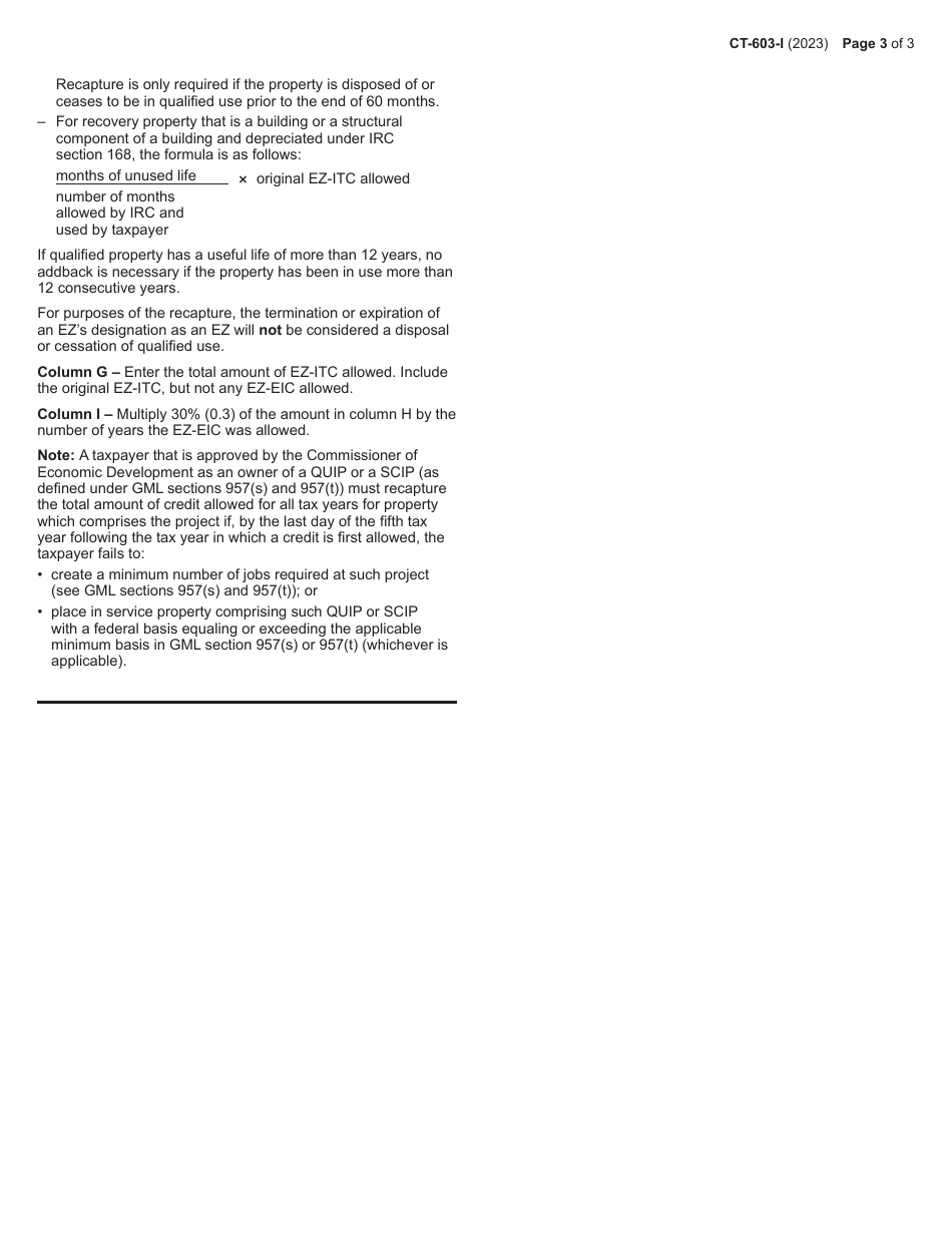 Instructions for Form CT-603 Claim for Ez Investment Tax Credit and Ez Employment Incentive Credit - New York, Page 3