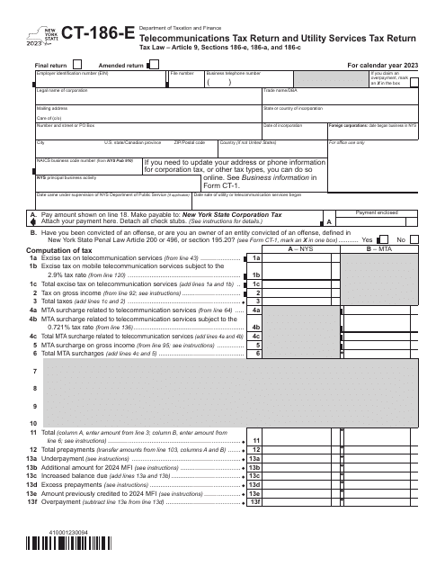 Form CT-186-E Telecommunications Tax Return and Utility Services Tax Return - New York, 2023