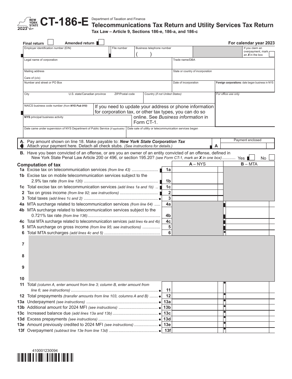 Form CT-186-E Telecommunications Tax Return and Utility Services Tax Return - New York, Page 1