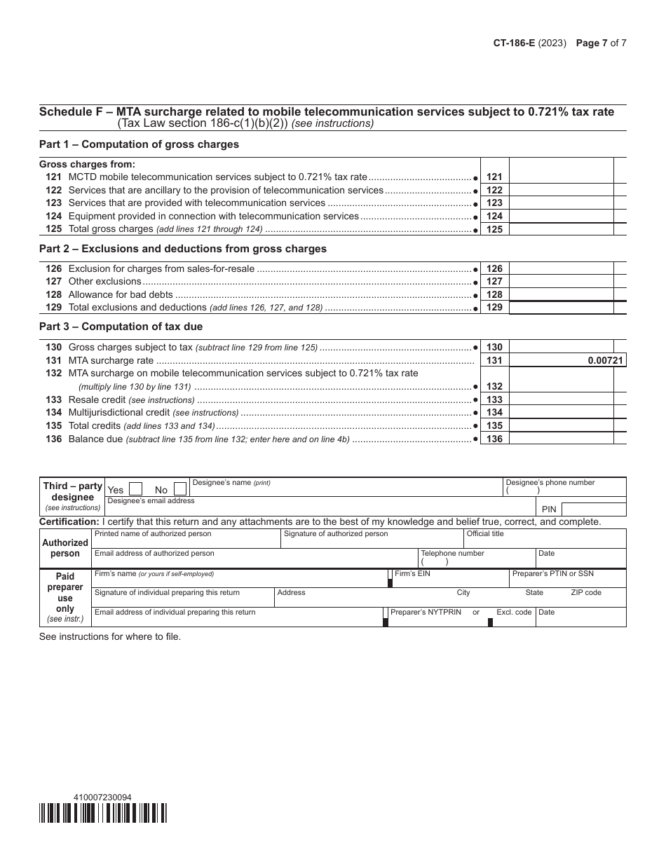 Form CT-186-E Telecommunications Tax Return and Utility Services Tax Return - New York, Page 7