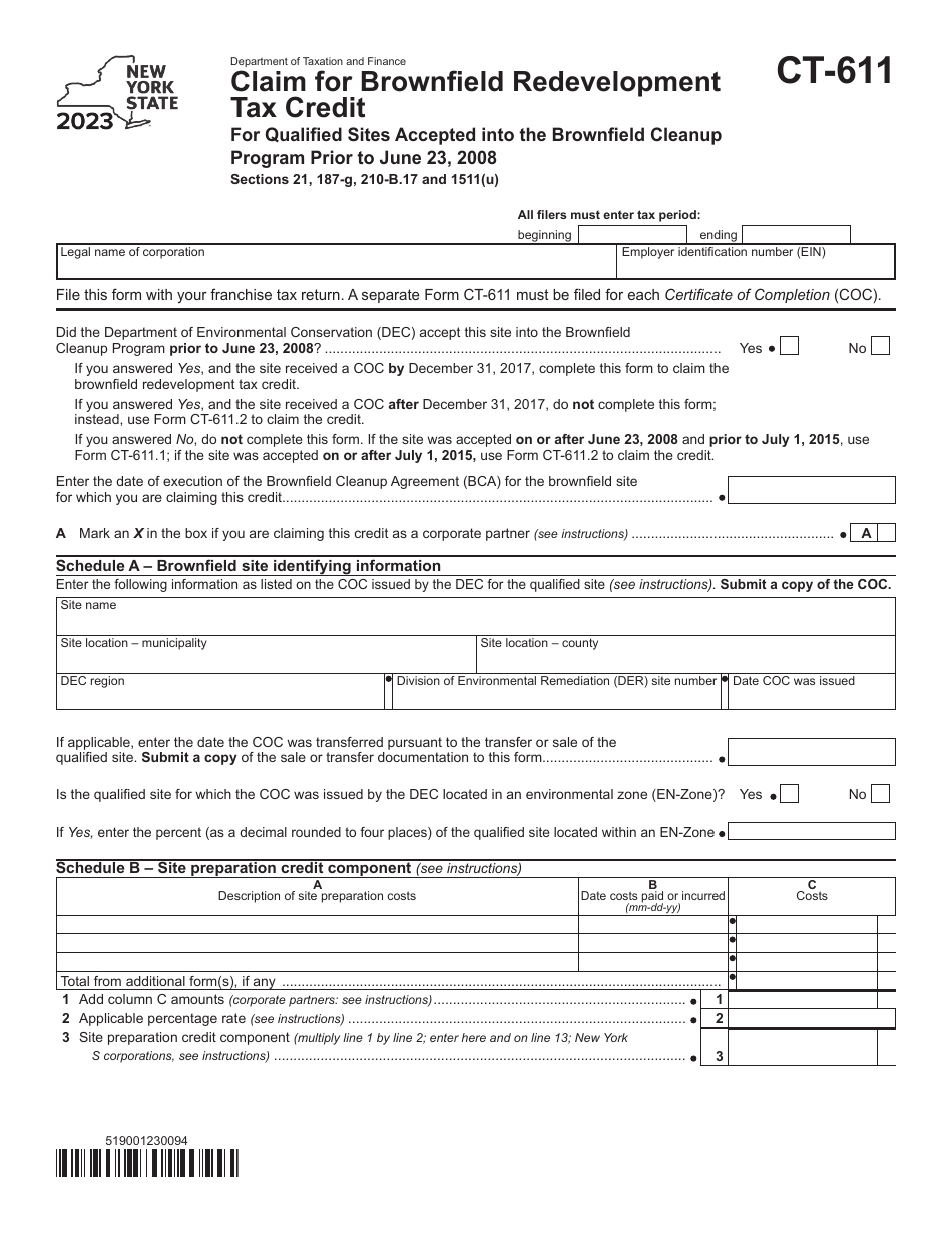 Form CT-611 Claim for Brownfield Redevelopment Tax Credit for Qualified Sites Accepted Into the Brownfield Cleanup Program Prior to June 23, 2008 - New York, Page 1