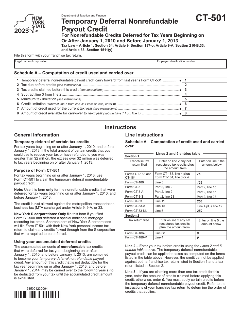 Form CT-501 Temporary Deferral Nonrefundable Payout Credit for Nonrefundable Credits Deferred for Tax Years Beginning on or After January 1, 2010 and Before January 1, 2013 - New York, Page 1