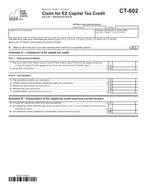 Form CT-602 Claim for Ez Capital Tax Credit - New York, 2023