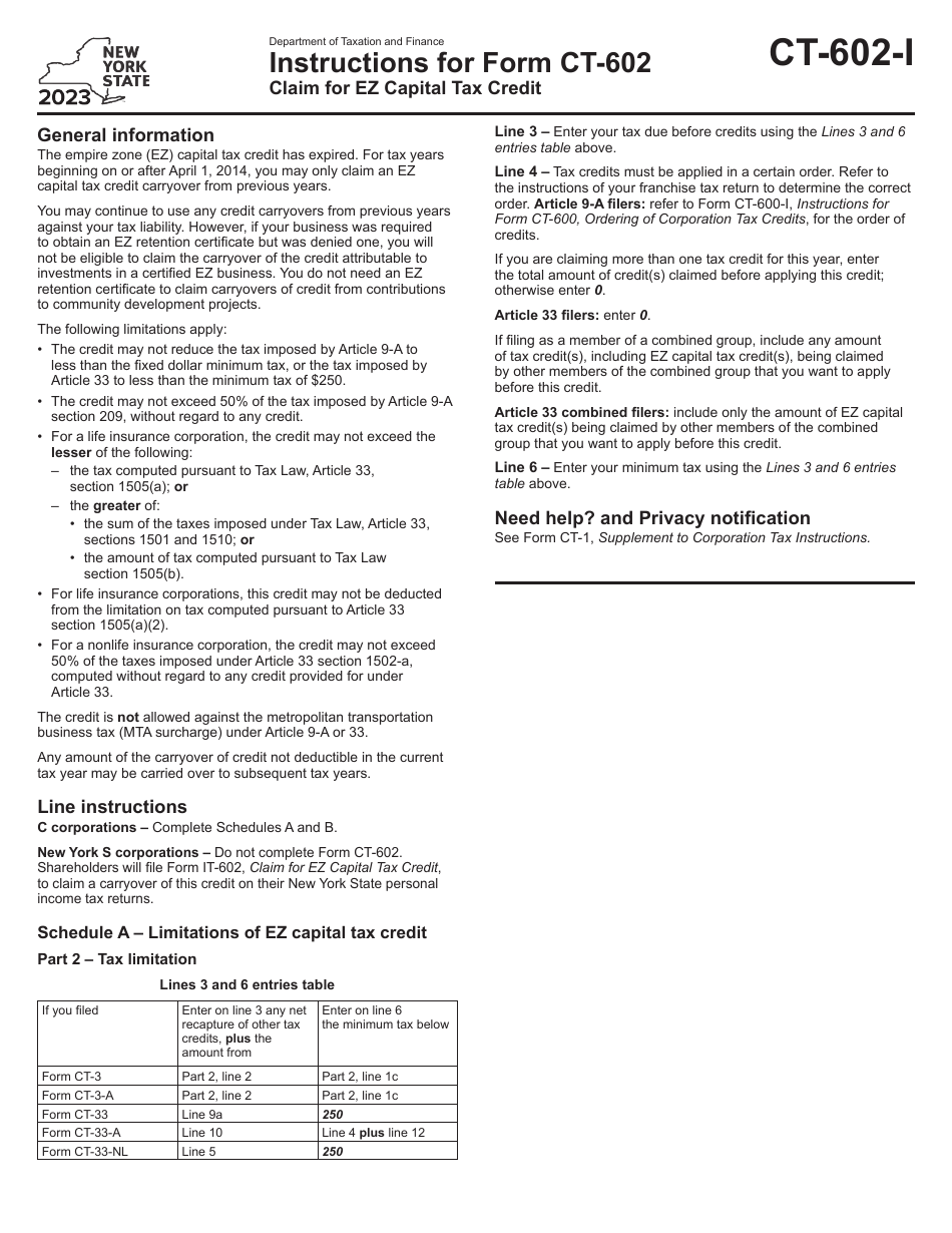Instructions for Form CT-602 Claim for Ez Capital Tax Credit - New York, Page 1