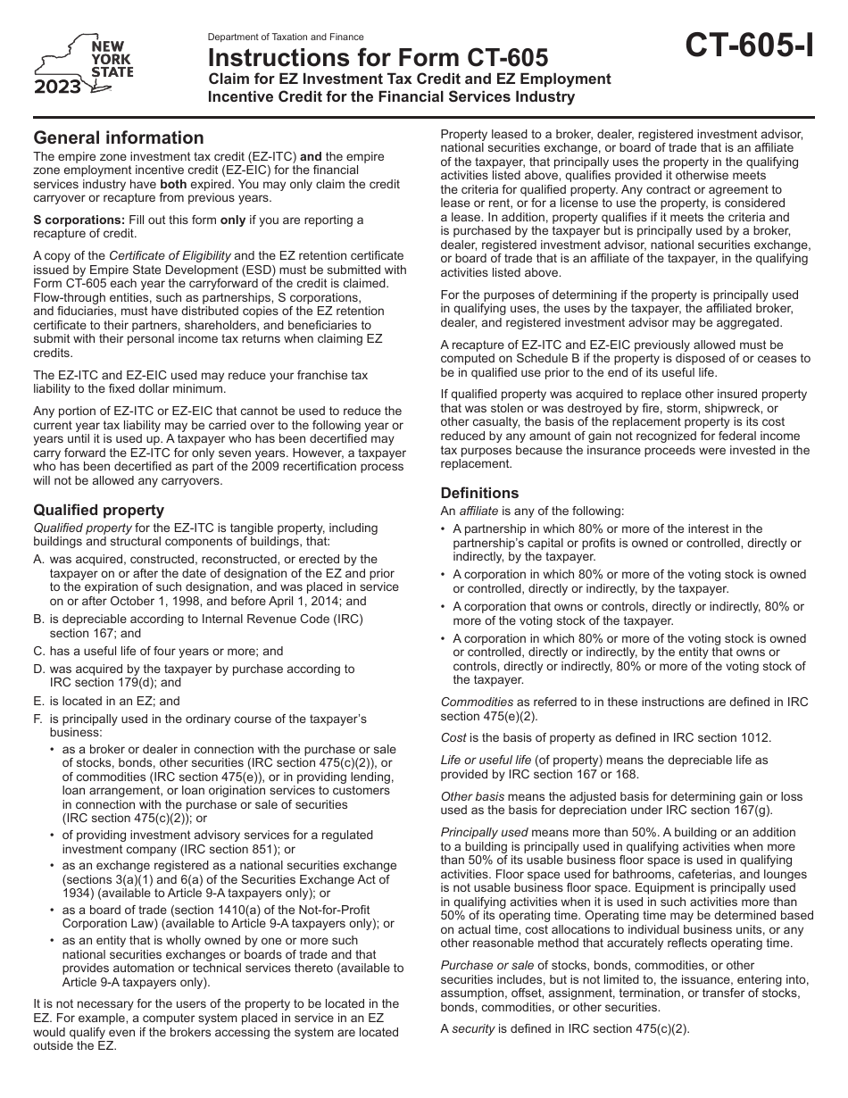 Instructions for Form CT-605 Claim for Ez Investment Tax Credit and Ez Employment Incentive Credit for the Financial Services Industry - New York, Page 1