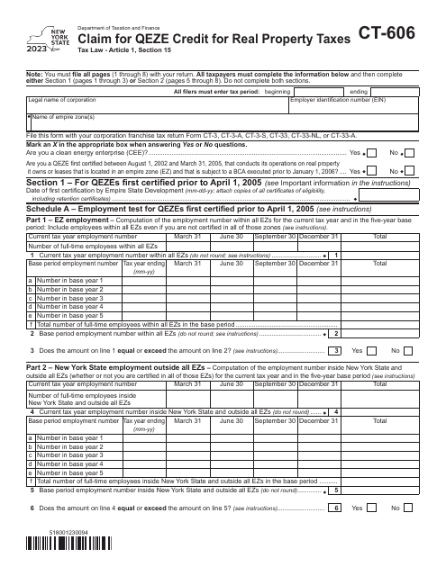 Form CT-606 Claim for Qeze Credit for Real Property Taxes - New York, 2023