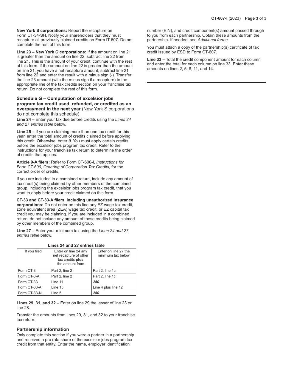 Instructions for Form CT-607 Claim for Excelsior Jobs Program Tax Credit - New York, Page 3