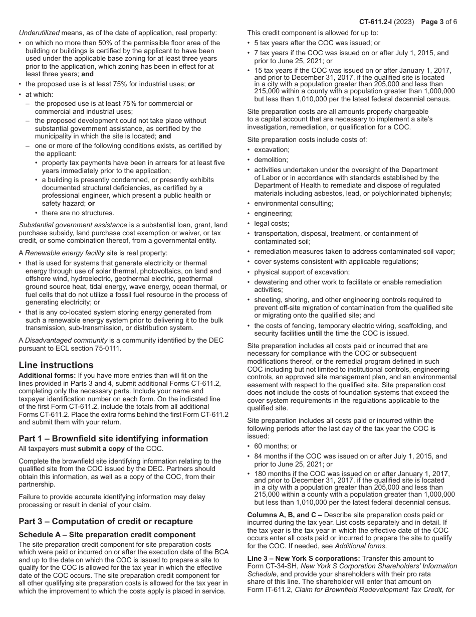 Instructions for Form CT-611.2 Claim for Brownfield Redevelopment Tax Credit for Qualified Sites Accepted Into the Brownfield Cleanup Program on or After July 1, 2015 - New York, Page 3