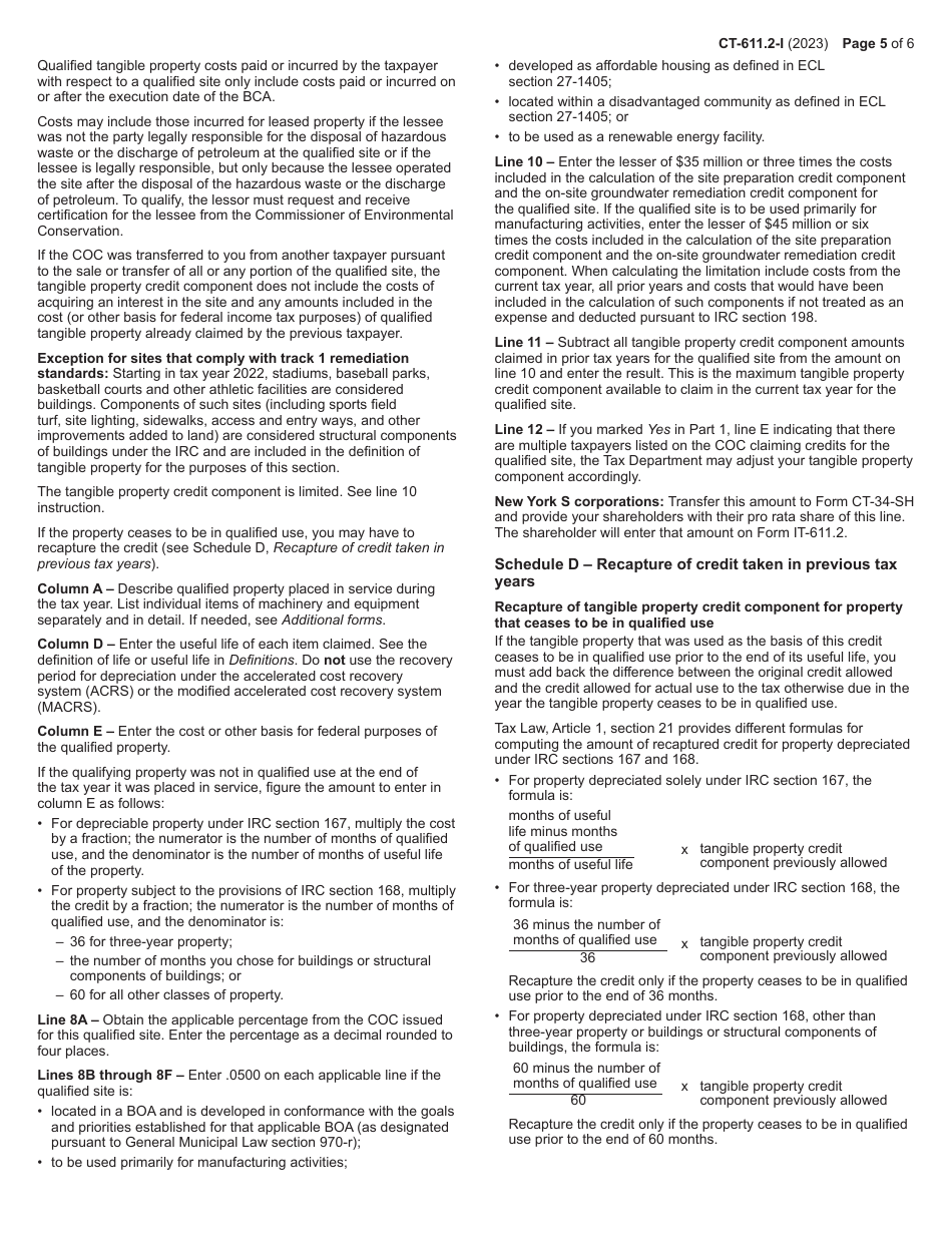 Instructions for Form CT-611.2 Claim for Brownfield Redevelopment Tax Credit for Qualified Sites Accepted Into the Brownfield Cleanup Program on or After July 1, 2015 - New York, Page 5