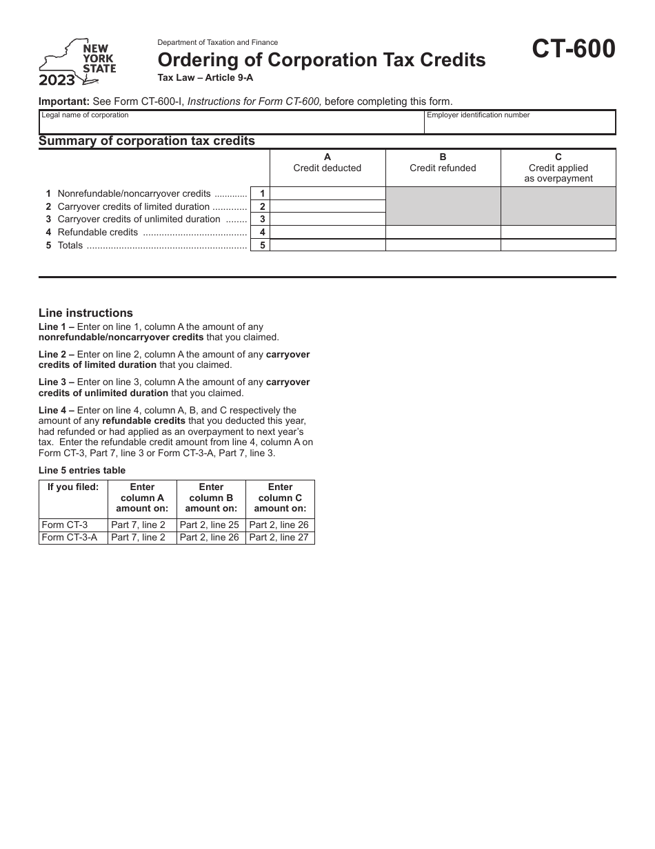 Form CT-600 Ordering of Corporation Tax Credits - New York, Page 1