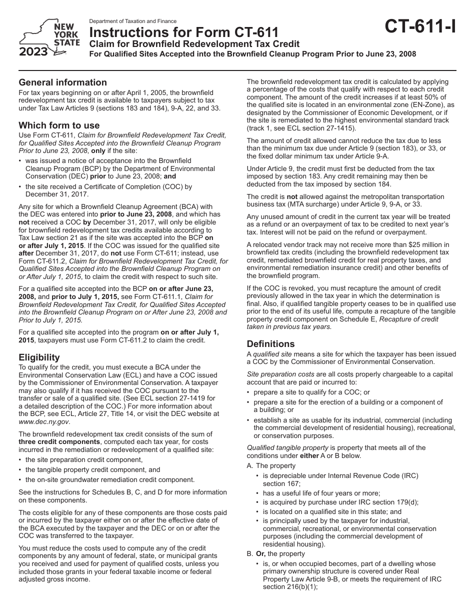 Instructions for Form CT-611 Claim for Brownfield Redevelopment Tax Credit for Qualified Sites Accepted Into the Brownfield Cleanup Program Prior to June 23, 2008 - New York, Page 1