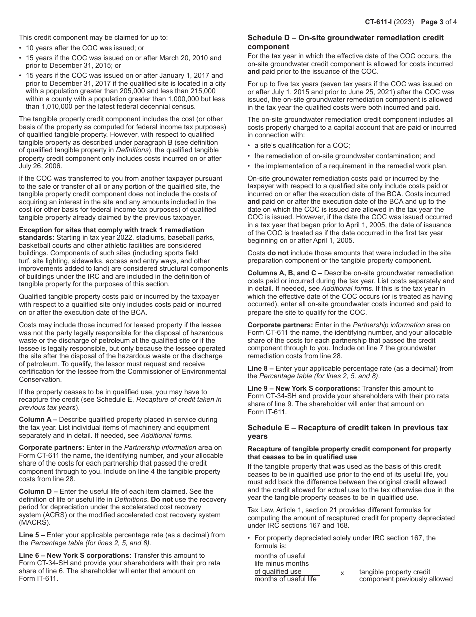 Instructions for Form CT-611 Claim for Brownfield Redevelopment Tax Credit for Qualified Sites Accepted Into the Brownfield Cleanup Program Prior to June 23, 2008 - New York, Page 3