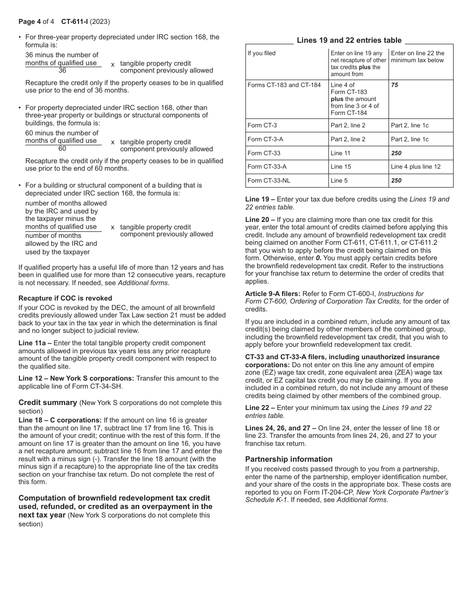 Instructions for Form CT-611 Claim for Brownfield Redevelopment Tax Credit for Qualified Sites Accepted Into the Brownfield Cleanup Program Prior to June 23, 2008 - New York, Page 4