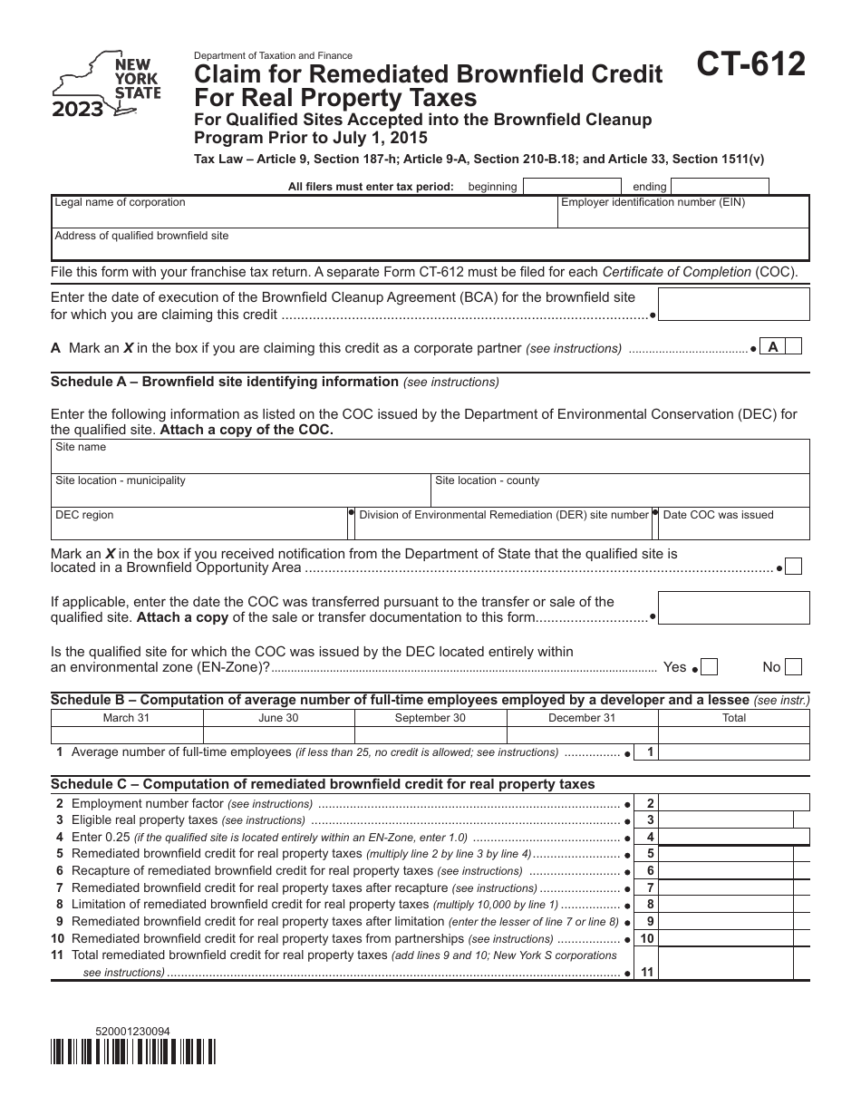 Form CT-612 Claim for Remediated Brownfield Credit for Real Property Taxes for Qualified Sites Accepted Into the Brownfield Cleanup Program Prior to July 1, 2015 - New York, Page 1