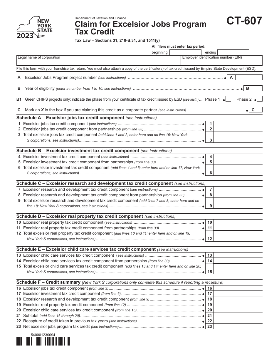 Form CT607 Download Printable PDF or Fill Online Claim for Excelsior Jobs Program Tax Credit