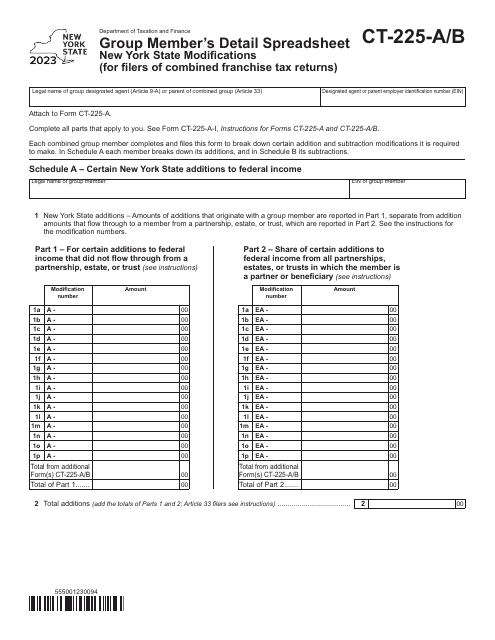 Form CT-225-A/B Group Member's Detail Spreadsheet New York State Modifications (For Filers of Combined Franchise Tax Returns) - New York, 2023