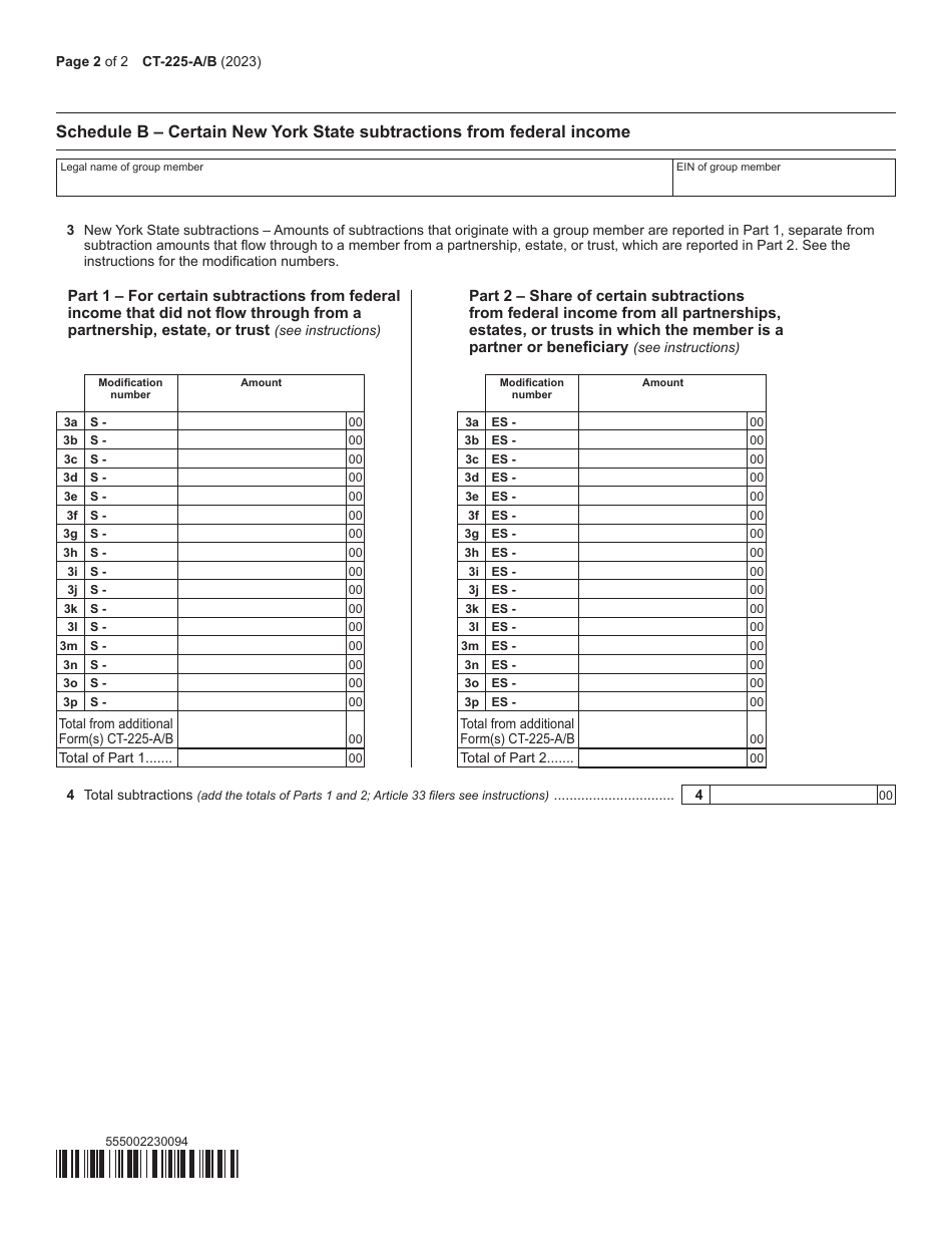 Form CT-225-A / B Group Members Detail Spreadsheet New York State Modifications (For Filers of Combined Franchise Tax Returns) - New York, Page 2